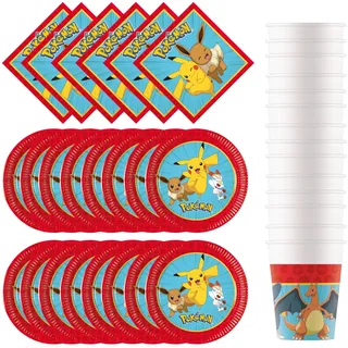 Procos - Pokemon Geburtstagsdeko, 52-teilig, Pappteller, Becher und Servietten für Kindergeburtstag, Partygeschirr