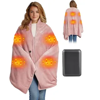 Moteoza Heizdecke Kabellos mit 10000mAh Akku, 160x90cm Elektrische Flanell Wärmedecke Tragbar für Damen & Herren, 3-Stufen-Heizung, Waschbar für Zuhause, Büro, Camping, Rosa