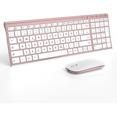 seenda Tastatur Maus Set Kabellos, Wiederaufladbare Aluminium Tastatur mit kompaktes Design, Ultradünne und Leise Funktastatur mit Maus für PC/Laptop/Smart TV, 1200 DPI, QWERTZ Layout, Weiß&Rosagold