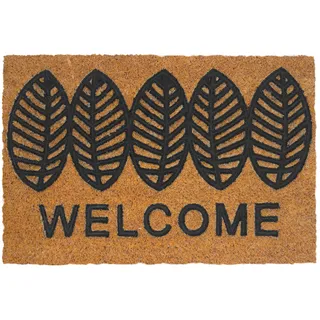 Relaxdays Fußmatte, Kokos & Gummi, Welcome & Blätter, 60x40, innen & außen, rutschfeste Schmutzfangmatte, Natur/schwarz