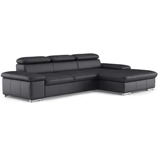 CAVADORE Leder-Schlafsofa Valerie mit XL-Longchair / Eckcouch mit Schlaffunktion, Kopfteilverstellung + großem Longchair / 286 x 73 x 174 / Echtleder Schwarz