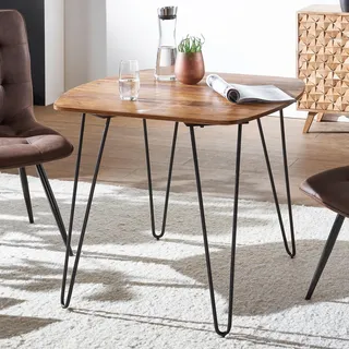 FineBuy Esstisch quadratisch 80cm Sheesham Massivholz Moderner Küchentisch schwarze Hairpin-Beinen, Design Esszimmertisch Echtholz, Holztisch massiv - Braun