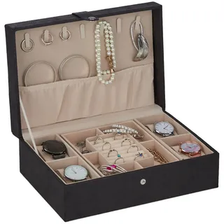 Relaxdays Schmuckkästchen , Schwarz , Holzwerkstoff, Textil, Wellpappe , 29x10x20 cm , Ordnen & Aufbewahren, Schmuckaufbewahrung