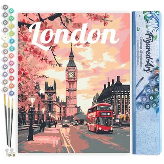 Figured'Art Malen Nach Zahlen Erwachsene Reiseposter London in voller Blüte - Paint by Numbers Basteln DIY Bastelset 40x50cm ohne Holzrahmen