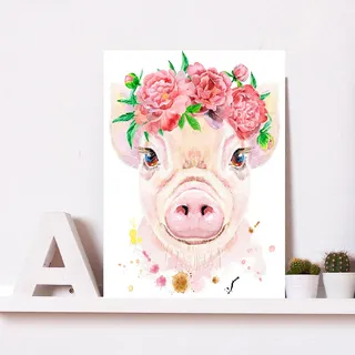queence Metallbild »Galona«, Blumen-Schwein-Tiere, (1 St.), Stahlschild, Blechschild, Schwein, niedlich, Wanddeko, Blumenkranz, weiß
