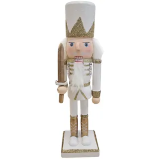 Nussknacker-König Holzfigur: Weihnachtsfigur aus Holz zum Hinstellen, Weihnachten & Advent, Holzdeko mit Mütze, Schwert & Bart, Figur Weihnachtsdeko, Dekofigur Winter, Kleine Winterfigur Weiß, 26 cm