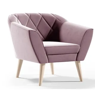 GUTTO Sessel aus Velour Samt rosa KARO Relaxsessel Fernsehsessel im Skandinavischen Stil Polstersessel auf hohen Holzbeinen hohe Füe moderne Steppung - Rosa