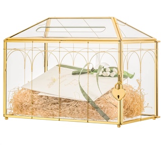 NCYP 32x15x23 cm Goldene Glaskartenbox mit Schlitz und Schloss für Hochzeitsempfang Vintage-geometrisches Terrarium, handgefertigter Kartenhalter für Hochzeitsfeier-Dekor (Nur Glasbox und Schloss)