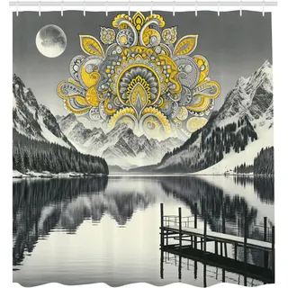 ABAKUHAUS See Duschvorhang, Mandala inspiriertes Motiv und Bergpanorama in Graustufen Achromatik Farben, Stoffliches Gewebe Badezimmerdekorationsset mit Haken, 175 x 200 cm, Gelb Grau