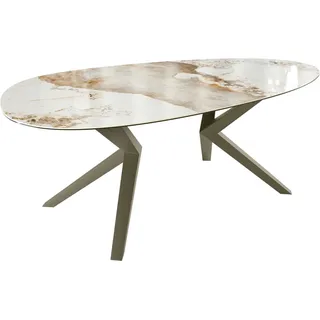 DeLife Esstisch Edge Oval 220x120 Keramik Minas Melange Weiß-Beige Zenthara kantig Metall Effektfinish Titan