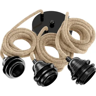 Hoopzi - Pendelleuchte 3 Flamming - 2,5m Textilkabel Seil und Schwarz - 3 X E27 Fassung - Vintage, Industrial Für Esstisch, Wohnzimmer, Esszimmer, Zimmer, Schlafzimmer, Küche