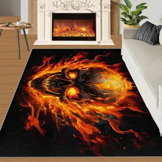 Totenkopf-Teppich, rutschfester und waschbarer Teppich, 60 x 120 cm, Gothic-Flammen-Design, Skelett-Horror, für den Innenbereich, weicher, niedriger Flor, gruselige Halloween-Dekor-Fußmatten