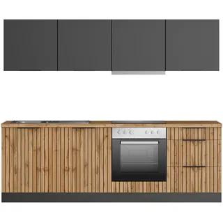 Küchenzeile KOCHSTATION "KS-Lagos2, Breite 240 cm", grau (küche: grau, front: listrado eiche, matt grau, korpus: grau matt, arbeitsplatte: wotaneichefarben), B:240cm H:200cm T:60cm, Komplettküchen-Sets, Küchenzeile, wahlweise mit E-Geräten, mit 38mm starker Arbeitsplatte
