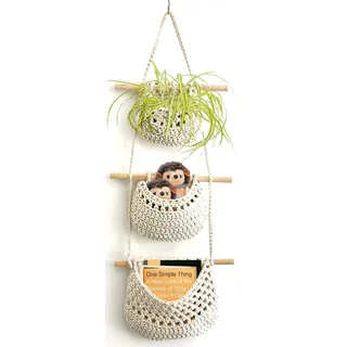 AARAINBOW Hängekorb Wand Aufbewahrung, 3 Etagen Hängender Obstkorb Dekorative Blumenampel für Wand Tür, Große Wandkorb Aufbewahrung Deko Kinderzimmer Wandkorb Boho Küche Dekor Korb (A-Weiß)