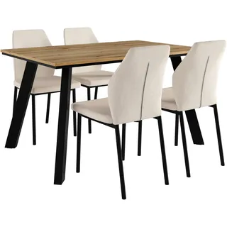 OTTO home "Genf Tischgruppe, Esstisch plus 4 Stühle", beige eichefarben, creme), Webstoff, Sitzmöbel-Sets, Essgruppe, Küchentisch, 4 Stühle, moderne Tischplatte in eiche/schwarz,
