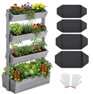 Yaheetech Vertikal Hochbeet mit 4 Etagen, 84,5×45×140,5 cm Pflanzbeet mit Entwässerungslöcher & Pflanzvlies, Tannenholz Wetterfest, Frühbeet Gartenbeet Kräutertreppe für Garten Balkon, Grau