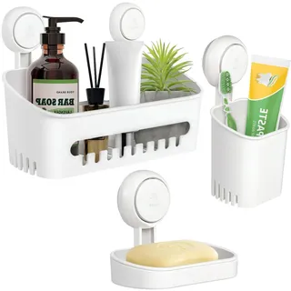 Uten Duschablage ohne bohren & Seifenschale Saugnapf & Zahnbürstenhalter, 3-in-1- Badezimmerablagen Set aus Kunststoff, Wiederverwendbar für Küche, Bade, Wohnzimmer, Weiß