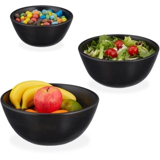 Relaxdays Salatschüssel, 3er Set, Mangoholz, Ø 18, 23 und 28 cm, Servierschüsseln für Salat, Snacks, Obstschale, schwarz