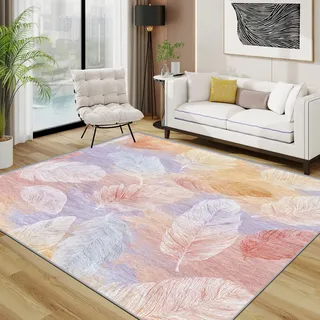 TerroVee Federn Teppich Waschbar, Pastellfarben Feder Teppich 80x150 cm, Modern Einfach rutschfest Waschbar Pflegeleicht Teppiche Für Schlafzimmer Küche, Rosa Lila Gelb