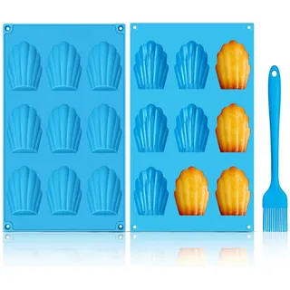 GlasFlength Madeleine Backformen Silikon, 2 PCS Madeleines Bärentatzen Backform 9 Hohlräume mit Silikonpinsel Wiederverwendbar für Madeleine Kekse Kuchen Schokolade SüßIgkeiten EiswüRfel (Blau)