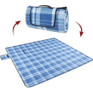 Walser Reisedecke XXL mit wasserdichter Rückseite, Campingdecke wärmeisoliert, Urlaubsdecke mit Tragegriff, Faltbare Stranddecke blau/weiß 200x200cm