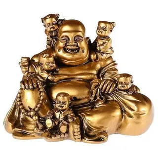 Lachineuse - Lachende Buddha-Statue mit 5 Kindern - 14 cm, goldfarben - Feng Shui-Dekoration - Chinesisches Zen-Dekorationsobjekt für Innenbereich, Wohnzimmer - Geschenkidee China Asien Viel Glück