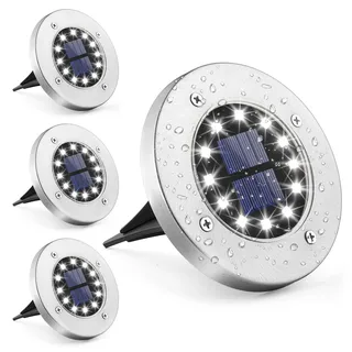 GIGALUMI Solar Bodenleuchte 12 LEDs 4 Stück Solarleuchten Weiß Gartenleuchten Edelstahl Wasserdicht für außen, Garten, Terrasse, Rasen, Hof, Gehweg