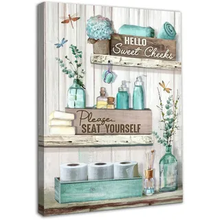 dazzlewall Gerahmte Bauernhof Badezimmer Wand Kunst Dekor Libelle Blume und Flaschen, Rustikale Leinwand Wand Kunst für Badezimmer Toilette Dekor 12x16 in