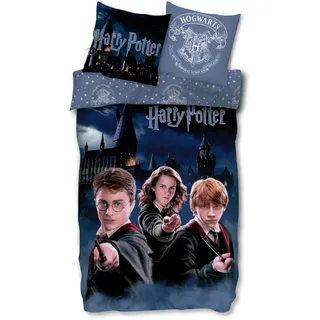 SkyBrands Harry Potter Bettwäsche 135x200 cm + 80x80 cm Kissenbezug - Hogwarts Motiv mit Harry, Hermine & Ron - 100% Baumwolle, Öko-Tex Standard - inkl. praktischem Tragebeutel