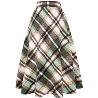 IDEALSANXUN Damen Maxirock mit hoher elastischer Taille, A-Linie, kariert, Winter, warm, ausgestellt, Langer Rock, Long Green/New, Klein