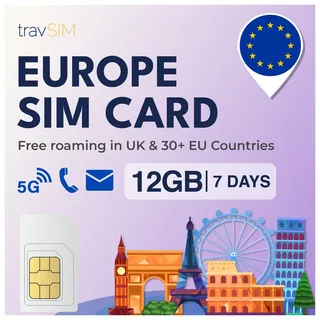travSIM SIM-Karte Europa | 12 GB Daten mit 4G/5G-Geschwindigkeit | Nur Daten-SIM | Nutzung der Europa-SIM-Karte in 27 EU-Ländern | Plan auf SIM-Karte für Europa gültig für 7 Tage