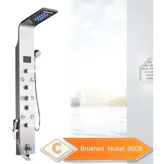 LED-Duschpaneel, Regen- und Wasserfallmodi, digitale Temperaturanzeige, Gebürstetes Nickel 8009