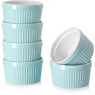 DOWAN Creme Brulee Schälchen Set, 6X 235ml Antihaft Souffle Förmchen Backofenfest, Porzellan Ramekins für Ragout Fin Schalen, Leckere Würzfleisch, Muffin, Panna Cotta, Spülmaschinenfest, Ø10cm-Blau