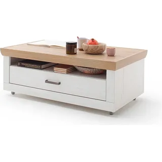 Couchtisch mit Rollen MARINGA-05 in Pinie weiß mit Eiche Nb. im Landhaus Stil, B/H/T ca. 115/44/65 cm - Weiß
