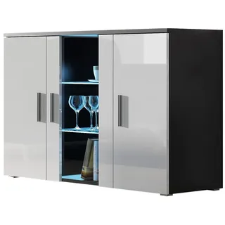 Furniture24 Kommode mit Blauer LED Beleuchtung SOHO S7 Sideboard Schrank Wohnzimmerschrank mit 3 Türen Schwarz/Weiß Hochglanz