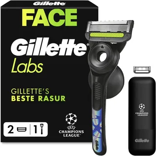 GilletteLabs Rasierer Herren mit Reinigungselement, UEFA Champions League Special Edition, Nassrasierer — Inkl. 1 Handstück, 2 Ersatzklingen, Beinhaltet Reiseetui, Wandhalterung — Edelstahl, Schwarz