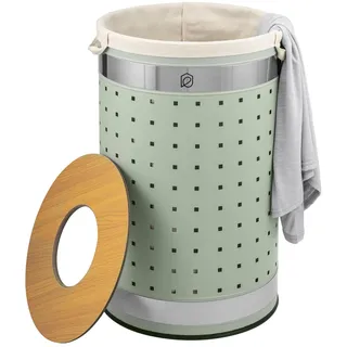 ELUNO runde Wäschetonne, Wäschekorb, Wäschesammler mit waschbarem Wäschesack und abnehmbaren Deckel, 50 Liter Fassungsvermögen für Schlafzimmer, Badezimmer, Wäscheaufbewahrung aus Metall (Mint)
