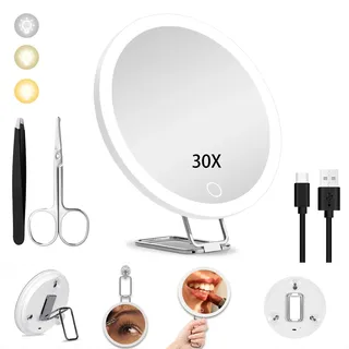 JJhxr 30X Vergrößerungsspiegel mit Licht,15.24 cm großer Makeup Vergrößerungsspiegel, 3 Farben Dimmbarer Makeup Spiegel mit 360° Tischständer, Tragbarer LED Vergrößerungsspiegel mit 3 Saugnäpfen