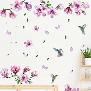 COVPAW Wandtattoo Blumen Magnolie Wandaufkleber Wohnzimmer Schlafzimmer Vogel Ast Schmetterlingen Iila Blüten Baum Grün Wandsticker Kinderzimmer Küche Flur Wanddeko (Magnolie1)