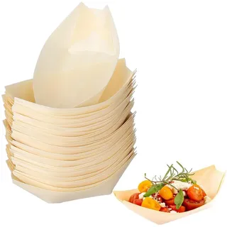 Yuannee Holzboot Teller,50 PCS 5 Inch Holzschale Schiffchen Einweggeschirr Bambus Biologisch Abbaubar Schiffchen Snackschalen für Fingerfood Currywurst Pommes Sushi(14*8CM)
