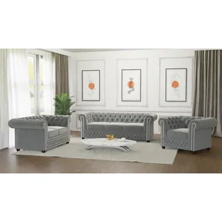 s-style möbel Chesterfield Couch Samt 3-Sitzer + 2-Sitzer + Sessel Grau