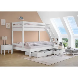 Doppel-Etagenbett 140x200 und 90x200 Erwachsenen-Stockbett Kiefer Massivholz weiß V-60.18W-09-14Rollrost und Doppelbettkasten inkl. - Weiß