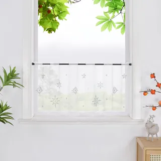 HeichkelL Scheibengardine mit Sterne Transparente Gardine Weihnachten Kurzstores Bistrogardine mit Stickerei Silber HxB 45x140 cm