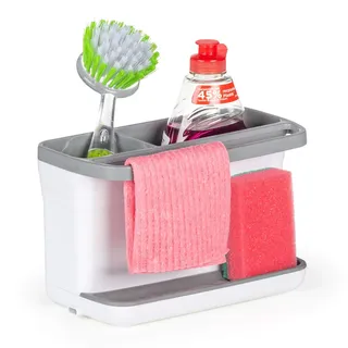 ROSMARINO Spülbecken-Organizer | Sink Caddy für Küche mit Utensilien-Korb | Mit Abflusspfanne & Klebstoff | Dual-Use für Schwamm, Bürste & Seifenschale | Elegantes Weiss