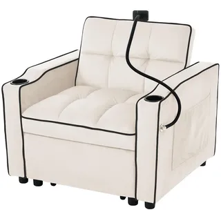 Okwish Schlafsessel Schlafsofa 3-in-1 Ausziehbares Einzel 83/167/76 cm Beige mit Getränkehaltern und Handyhalter , Kunststoff , 83x76x167 cm , Wohnzimmer, Sofas & Couches, Schlafsofas, Schlafsessel