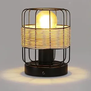 ZMH Tischleuchte Retro Kleine Tischlampe Boho Lampe Schwarz aus Rattan Metall E27 - Schwarz