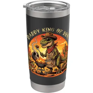 Lustiger T-Rex-Dinosaurier für Herren, Aufschrift "Daddy King Of BBQ", Vatertag Doppelwandiger Edelstahl-Thermobecher