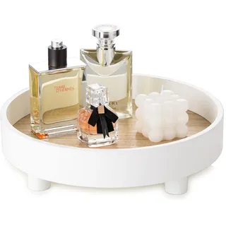 Hanobe Deko Tablett Holztablett Dekotablett: Weiß Serviertablett Rund mit Füßen Holzerhöhung für Display Modern Chic Dekoteller Holz mit Ständer für 30cm Holzteller für Kerzen Küche