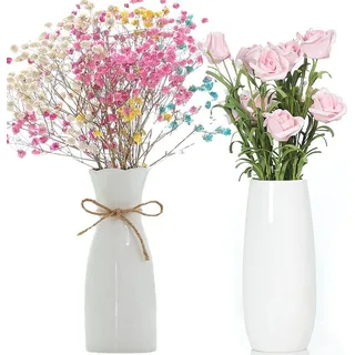 Set aus 2 Blumenvasen Keramische Vase Weiß 20 cm Tulpenvase Set für Blumen Pampasgras Dekoration Wohnzimmer Moderne Weiße Dekorative Ästhetische Vasen Keramische Blumenvasen Geschenk Moderne Vase Nordisch