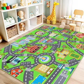 Rezutan Autoteppich Kinder mit Straße, Kurzflor Waschbar & rutschfest Teppich für Kinderzimmer, spielteppich straße für Klassenzimmer, Spielzimmer, Schlafzimmer, 160X230cm